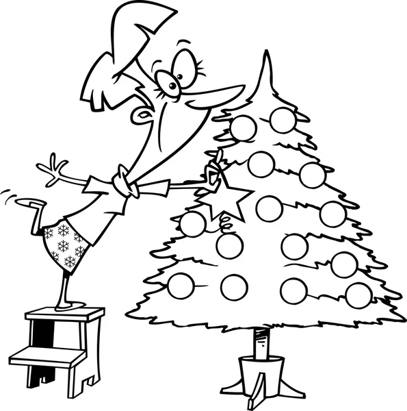 Γυναίκα κινουμένων σχεδίων διακοσμεί χριστουγεννιάτικο δέντρο — Διανυσματικό Αρχείο