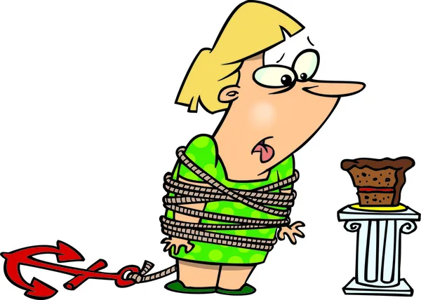 Cartoon Woman on Diet Resisting Chocolate Cake — Stock Vector