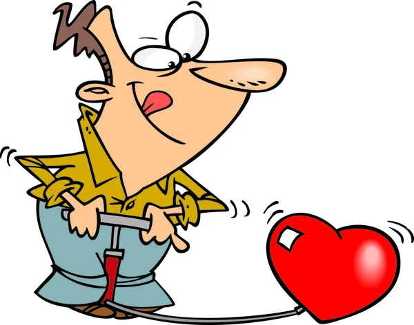 Hombre de dibujos animados inflando un corazón — Vector de stock