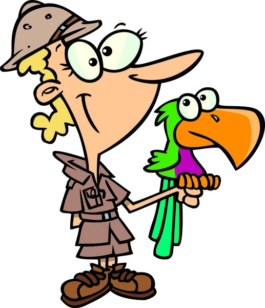 Cartoon Zookeeper Donna con un pappagallo — Vettoriale Stock