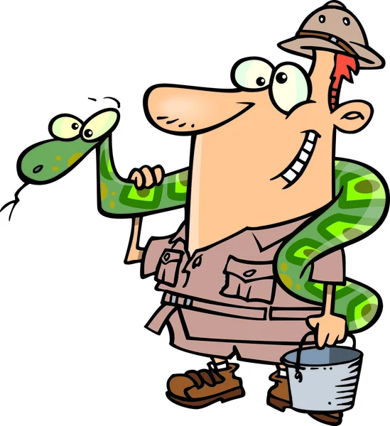 Cartoon Zookeeper Uomo con un serpente — Vettoriale Stock