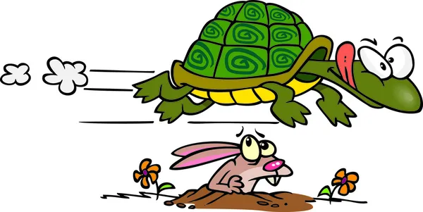 Snabb sköldpadda flyger över en hare — Stock vektor