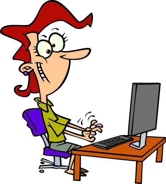 Cartoon Donna digitando su un computer — Vettoriale Stock