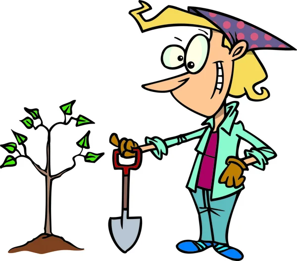 Cartoon vrouw aanplant boom — Stockvector