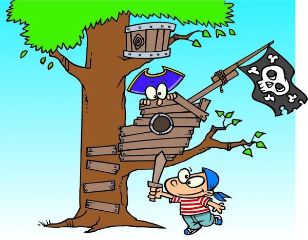 Dibujos animados pirata niños en árbol casa — Vector de stock
