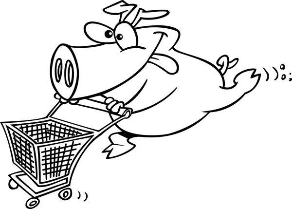 Cartoon Pig Pushing A Shopping — Stock Vector