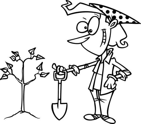 Cartoon kvinna plantera träd — Stock vektor
