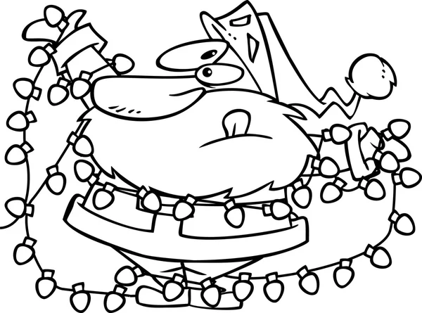 Dibujos animados de Santa Claus enredado en las luces de Navidad — Vector de stock