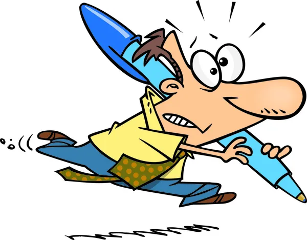 Hombre de dibujos animados llevando una pluma gigante — Vector de stock