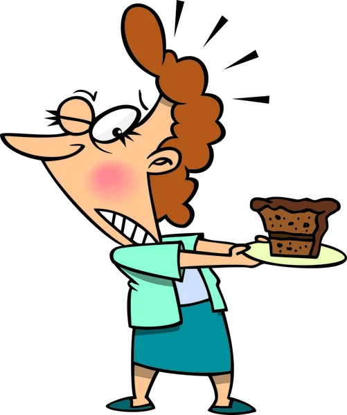 Mulher dos desenhos animados resistindo sobremesa —  Vetores de Stock