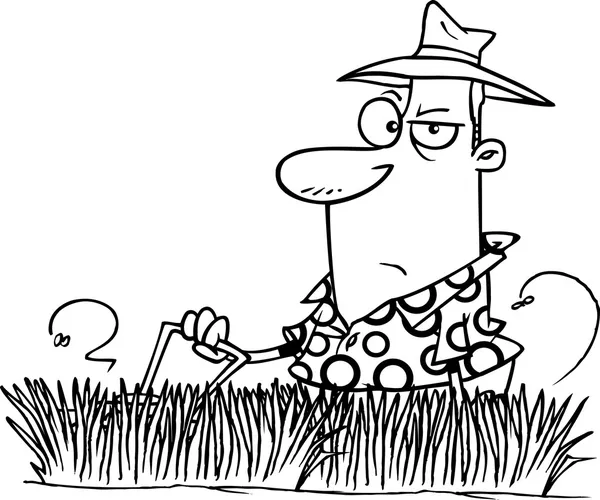 Zeichentrick-Mann mäht Rasen — Stockvektor