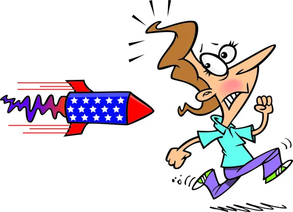 Cartoon Woman Running Away From Rocket Stock Vector