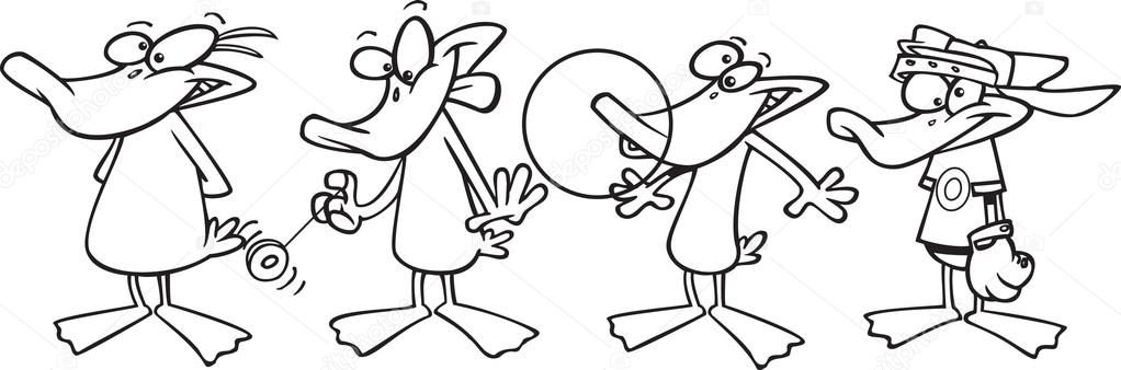 Cartoon Black And White Outline Design Of Ducks In A Row
