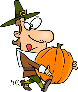 Cartoon Pilgrim Carrying a Pumpkin clipart