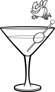 beyaz zemin üzerinde bir martini siyah beyaz anahat üzerinde uçmak bir dalgıç çizimi.