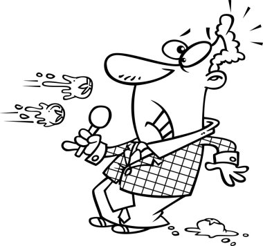 Black and white outline cartoon male comedian being booed off the stage, on a white background.