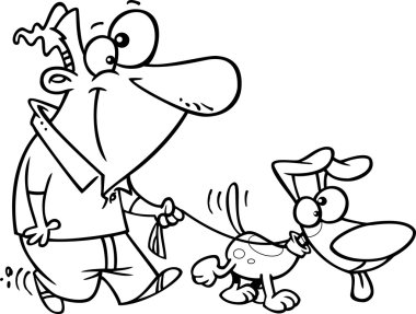 vektör bir karikatür adamın köpeğini yürüyüşe tasma - anahatlı boyama sayfası
