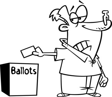 Vector of a Cartoon Black and White Outline Female Voter with a Nose Plug Putting Her Ballot in a Box - Outlined Coloring Page clipart