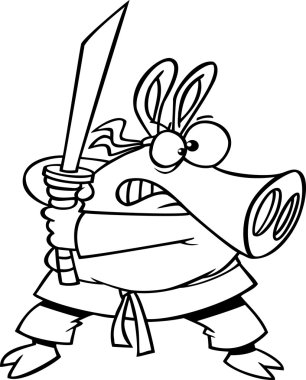 Kılıç, beyaz bir arka plan üzerinde anahatları belirlenmiş ninja domuzla çizimi.