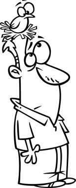siyah-beyaz anahat karikatür erkek beyaz zemin üzerine kafasında yuvalama kuş çizimi.