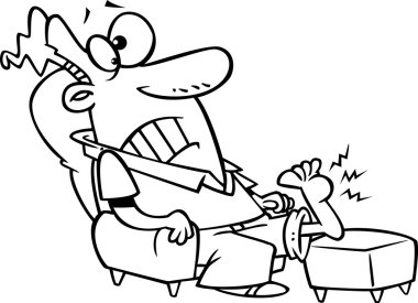 Beyaz bir arka plan üzerinde siğil kaplı ayağını istirahat anahatlı bir adam çizimi.