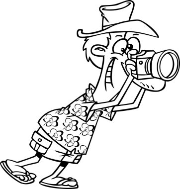 Vector of a Cartoon Tourist Flamingo Taking Pictures - Coloring Page Outline