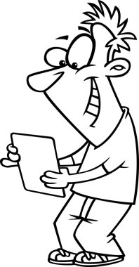 vektör karikatür mutlu genç adamın bilgisayar tablet - anahatlı boyama sayfası kullanma