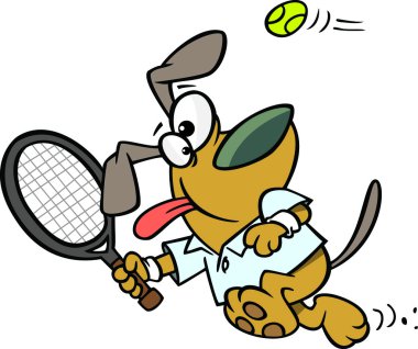 Tenis raketi, beyaz bir arka plan üzerinde sallanan köpek çizimi.