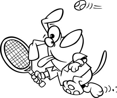 Tenis raketi, beyaz bir arka plan üzerinde sallanan anahatlı bir köpek resmi.