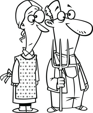vektör karikatür Gotik çiftlik bir çift ile pitch çatal - anahatlı boyama sayfası