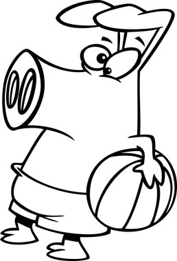 Vector of a Cartoon Summer Pig Holding a Beach Ball - Outlined Coloring Page clipart