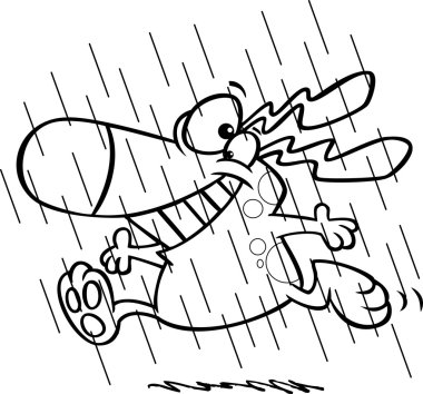 Bahar duş sırasında - anahatlı boyama sayfası yağmur altında çalışan bir karikatür mutlu köpek vektör