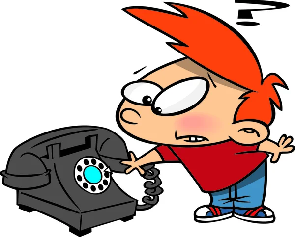 Cartoon Boy confuso dal telefono rotante — Vettoriale Stock