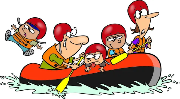 Familia de dibujos animados Whitewater Rafting — Vector de stock