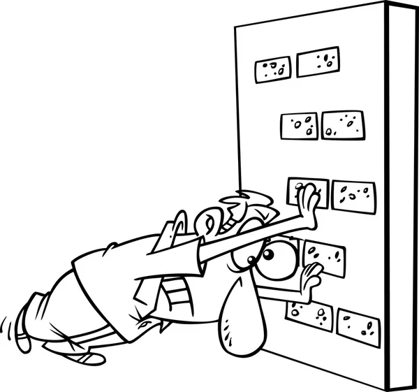 Hombre de dibujos animados contra una pared de ladrillo Imagen