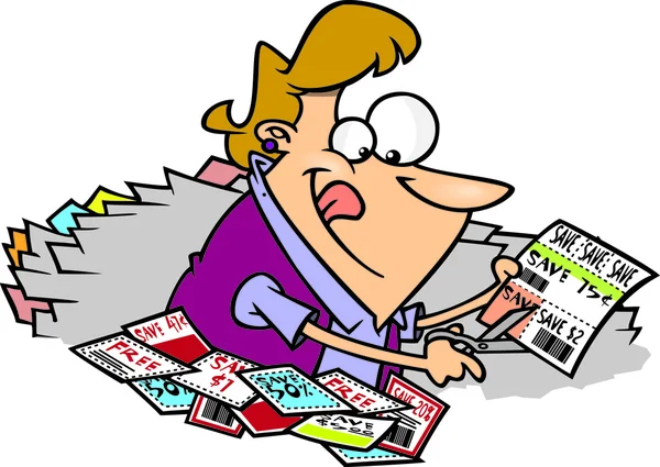 Cartoon Woman Cutting Coupons — Stock Vector
