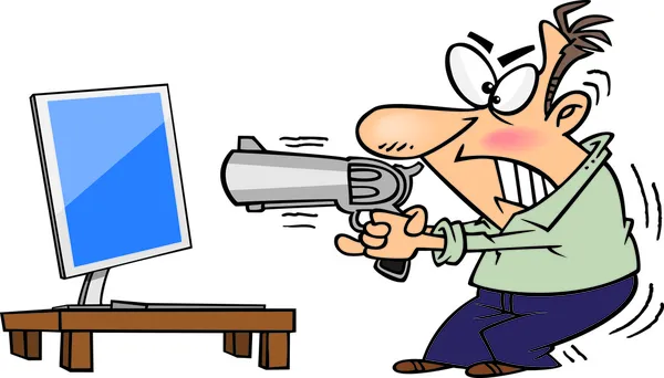 Cartoon Man Shooting Computer — Stock Vector