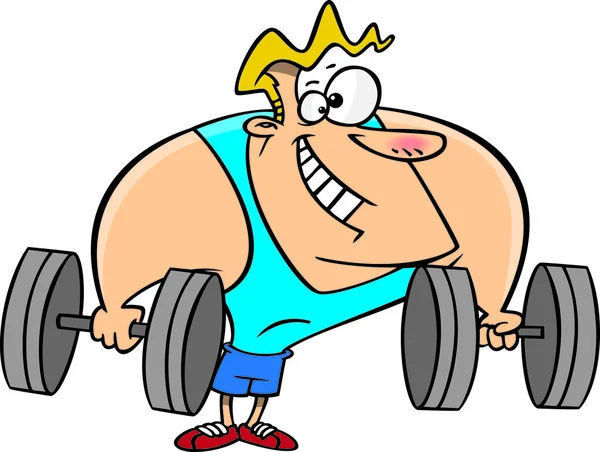 Karikatur muskulöser Mann beim Heben von Gewichten — Stockvektor