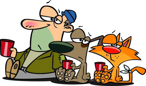 Cartoon Beggar Uomo, Gatto e Cane — Vettoriale Stock