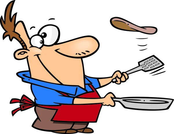 Caricatura hombre cocina panqueques — Vector de stock