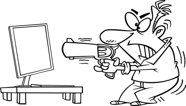 Cartoon Man Shooting Computer — Stockvector