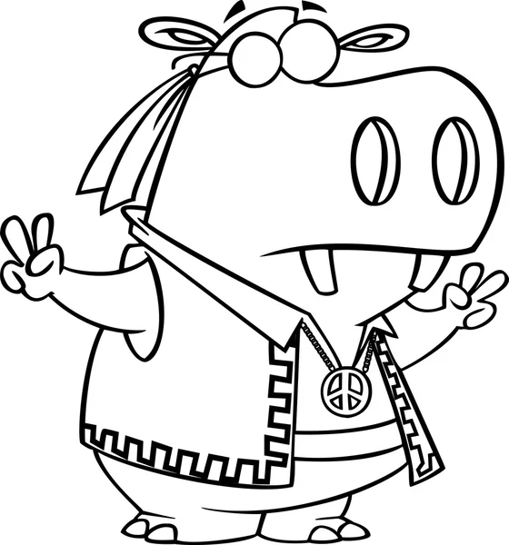 Vector of a Cartoon Hippie Hippo Gesturing Peace - Outlined Coloring Page — Stock Vector