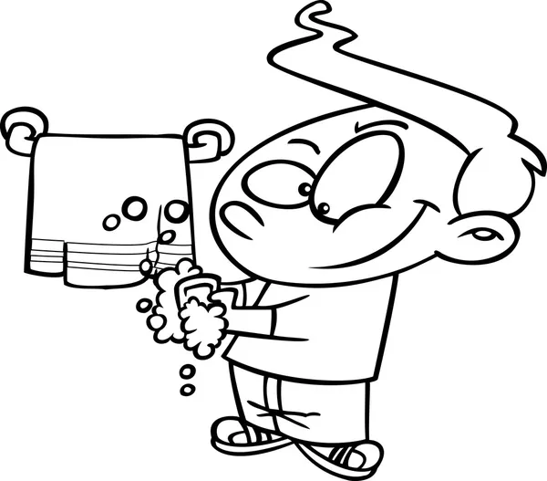 Vector of a Cartoon Clean Boy Washing His Hands - Outlined Coloring Page — Stock Vector