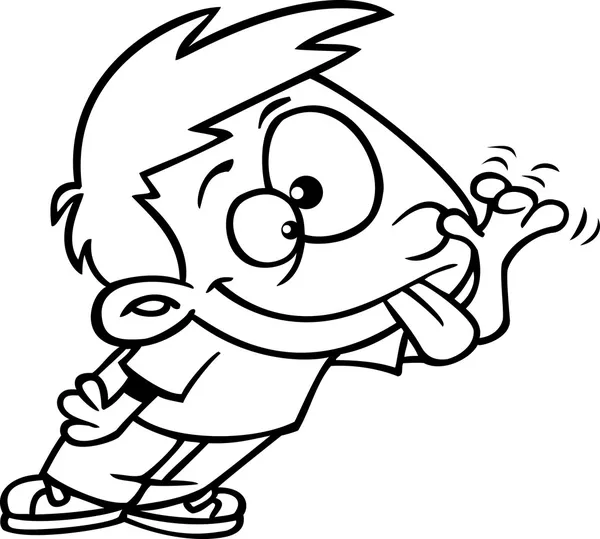 Ilustración de un niño delineado sacando la lengua y haciendo una cara divertida, sobre un fondo blanco . — Vector de stock