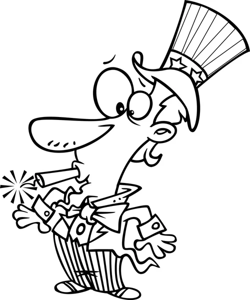 Cartoon Uncle Sam Fireworks (Black and White Line Art) — Stok Vektör