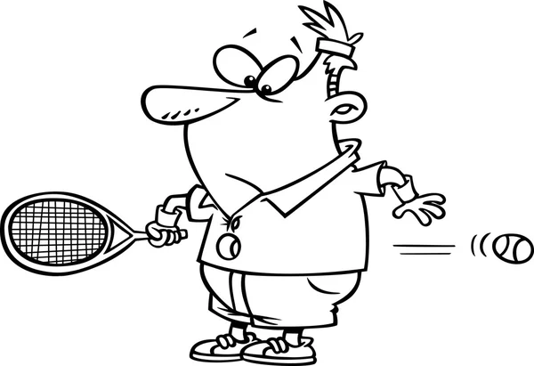 Ilustración de un hombre sorprendido delineado viendo una pelota de tenis rápida volar a través de su vientre, sobre un fondo blanco . — Vector de stock