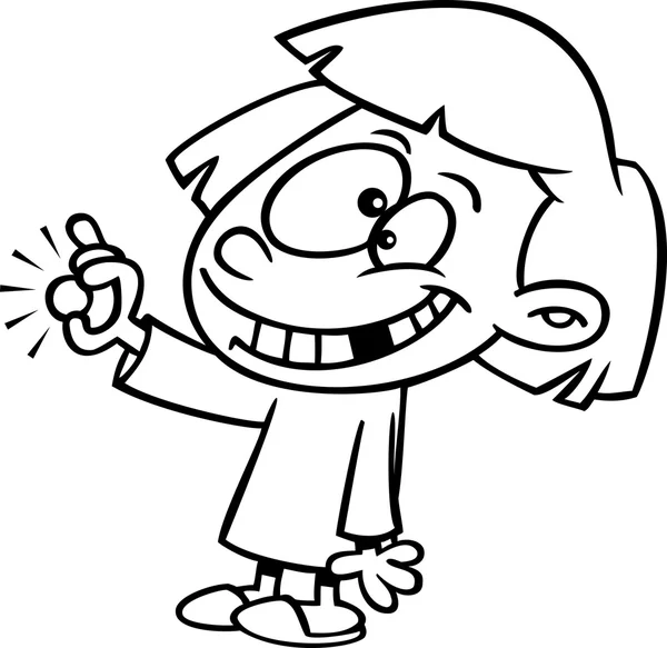 Vector de una chica de dibujos animados con un diente perdido sosteniendo una moneda del hada de los dientes - Página para colorear delineada — Vector de stock