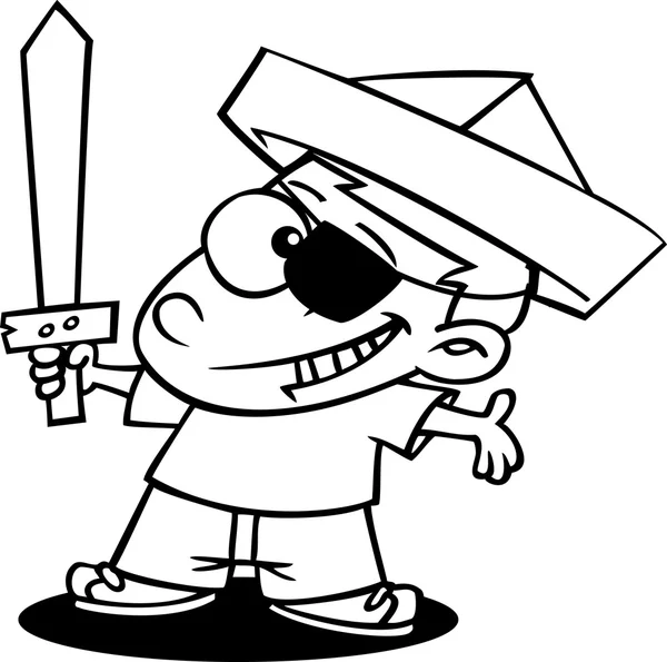 Vector of a Cartoon Pirate Boy with a Newspaper Hat and Sword - Outlined Coloring Page — Stock Vector