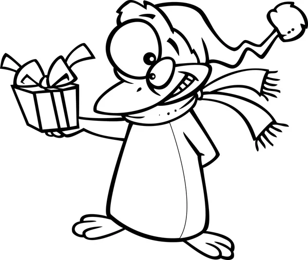 Vector van een cartoon Kerstmis pinguïn geven een cadeau - overzicht kleurplaat — Stockvector