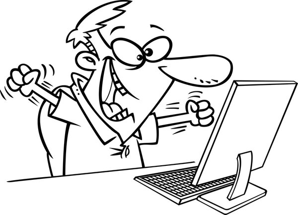 Illustration of an outlined excited man celebrating at his computer desk, on a white background.